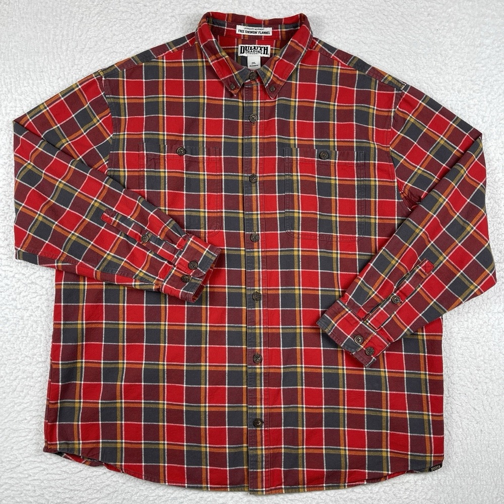 Duluth Trading Co Free Swingin Flannel Mens 2XL Red‎ Plaid Relaxed Fit Shirt
